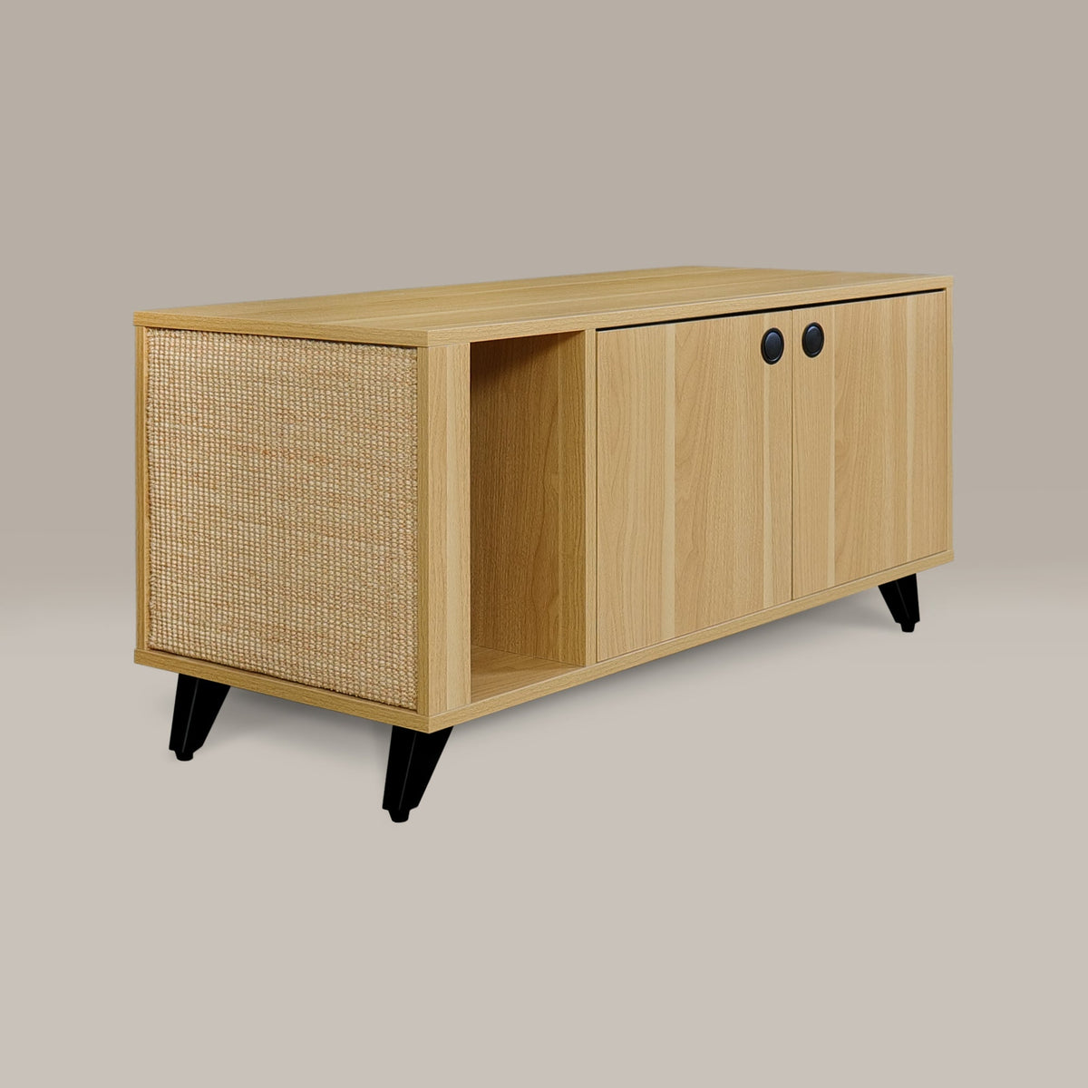 Wooden cabinet with wicker door on a beige background