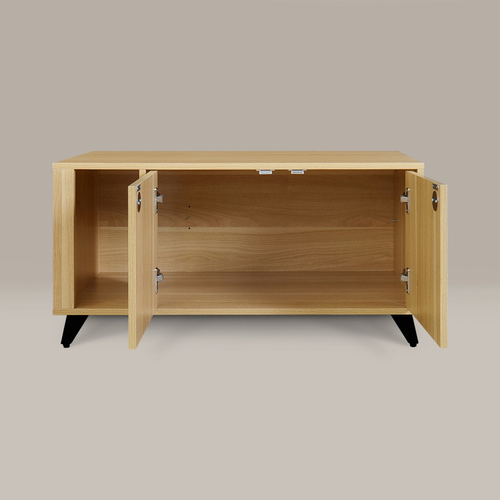 Wooden cabinet with open doors on a beige background