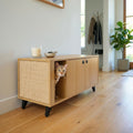 Wooden cabinet with a cat peeking out in a room with a plant and coat rack.