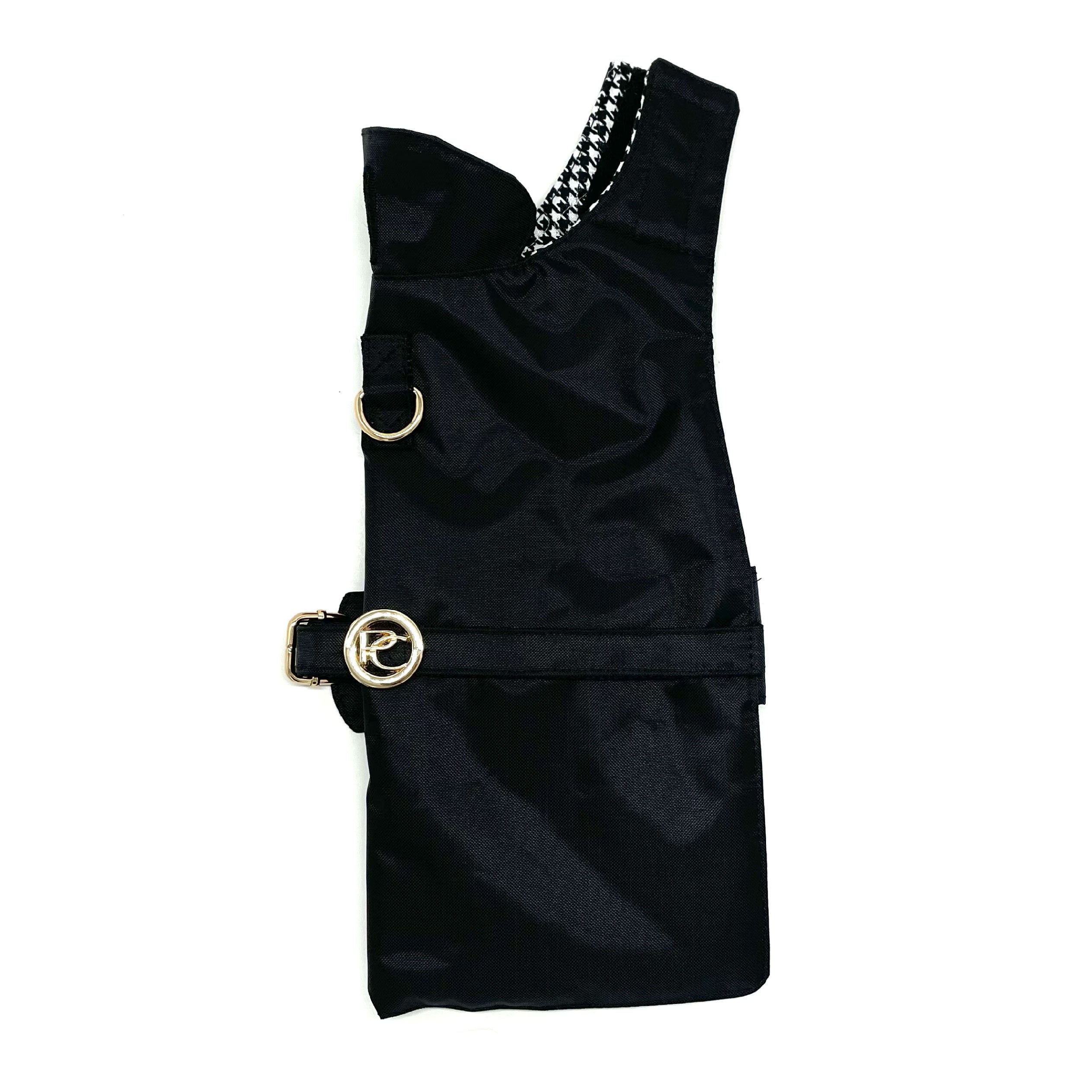 Black raincoat with gold buckles on a white background