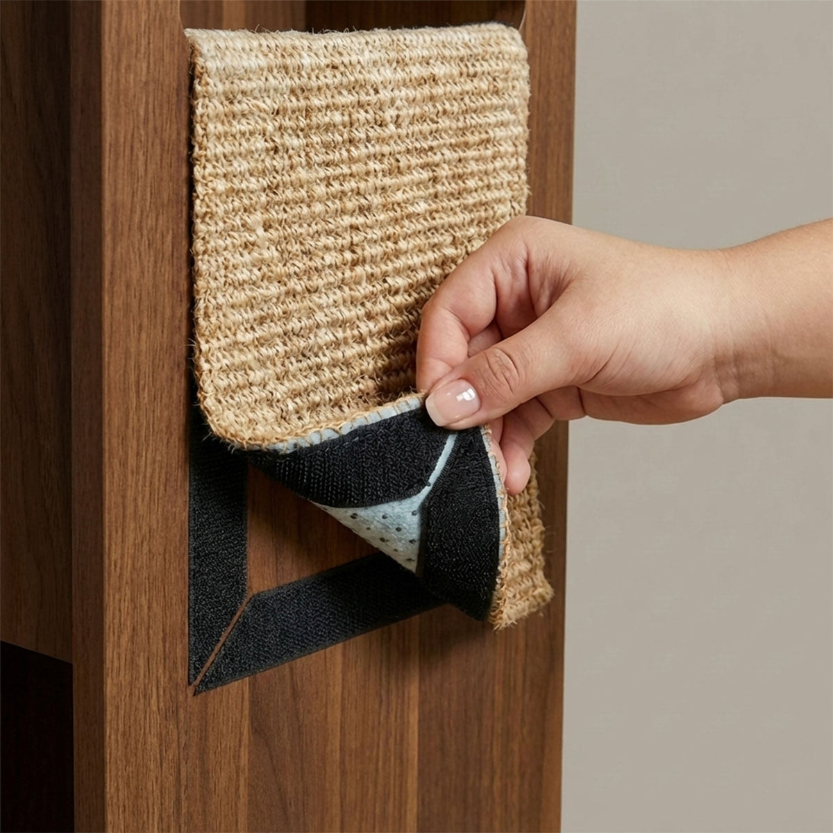 Hand applying a textured strip to a wooden surface